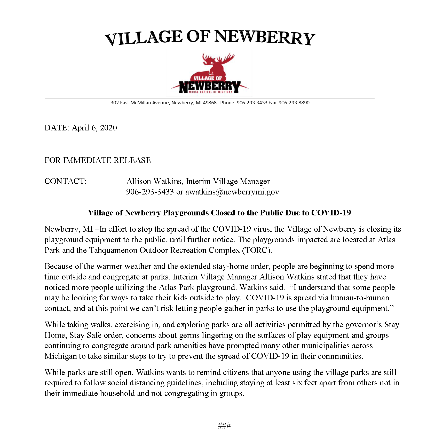 Press Release - 6th release - COVID-19  VIllage parks closed 4.6.2020